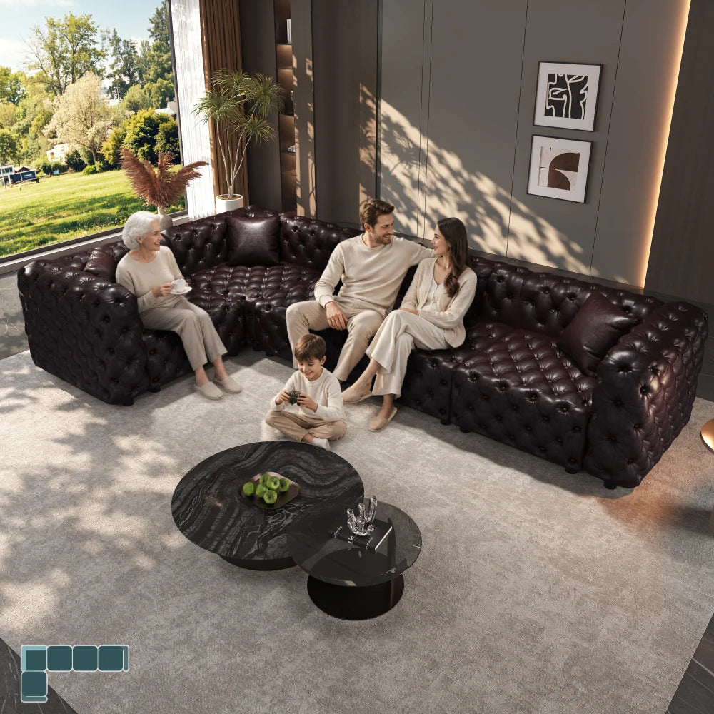 132.5" L Shaped Modern Sofa Set, Faux Leather Upholstered Modular 5-Seater Sectional Couch with Pure Handmade Button Tufted Design, 5 Pillows, Multi Combination for Living Room, Dark Brown