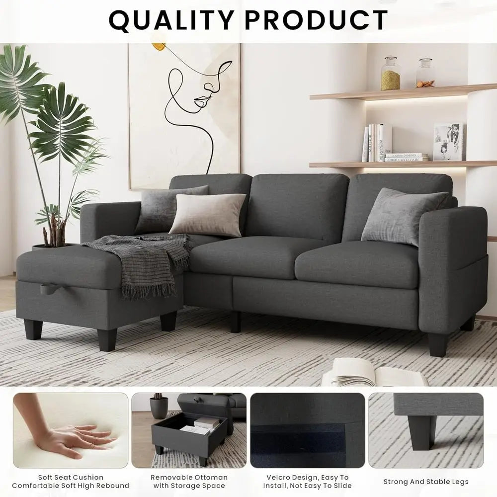 Sectional Couches or Living Room - Convertible L-Shaped Couch, Grey 3 Seater Linen Sofa, 78" Sofas with Storage Ottoman