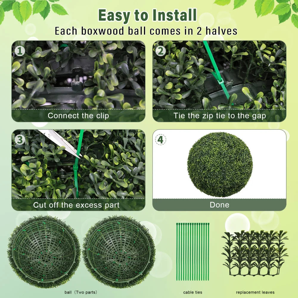 Topiary Balls Artificial Outdoor Faux Boxwood Plants Large Green Decorative Spheres for Garden Front Porch Patio Planter Decoration, 2pcs/set