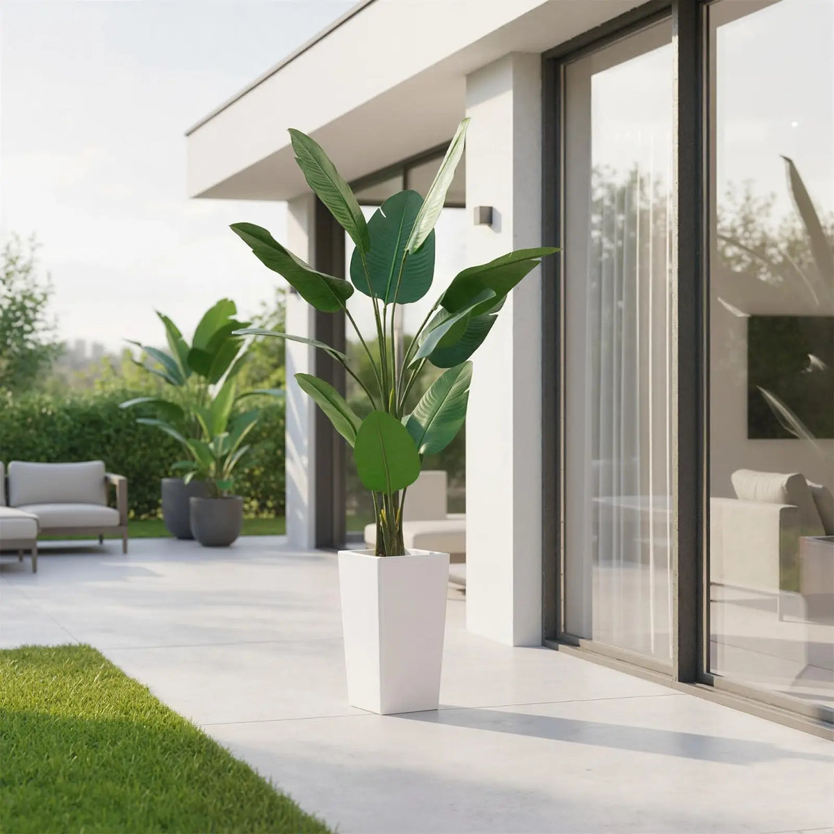 4.8FT Faux Banana Tree Artificial Plant, Fake Potted Tropical Evergreen with Tall White Planter for Living Room, Entryway, Porch