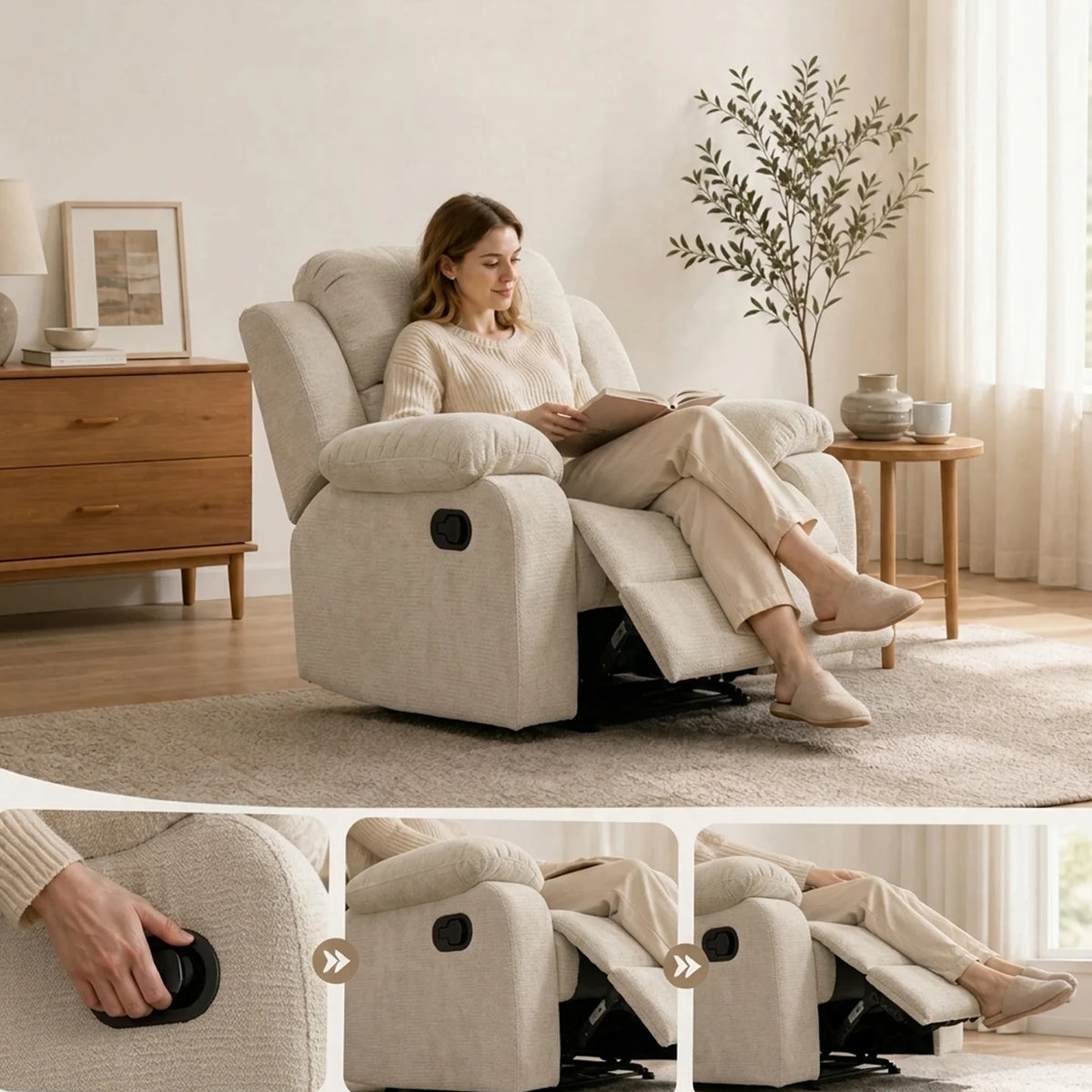 35.43-Inch Manual Armchair With Adjustable Backrest and Telescopic Footrest Single-Person Lounge Chair Equipped With Armrests for Living Room Bedroom Home Theater Children's Room and Apartment