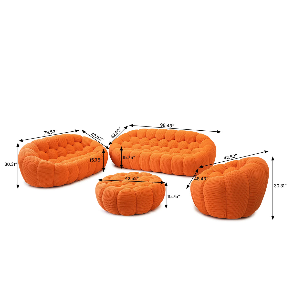 79 inches Orange Bubble Sofa  Modern 3D Honeycomb Fabric Curved Couch, 2 Seater Lazy Sofa for Living Room Bedroom Apartment