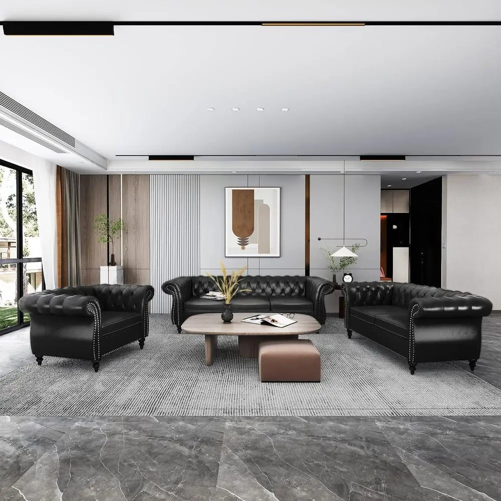 84" Chesterfield Sofa 3-Seater, Classic Roll Arm PU Leather Couch with Button Tufted Back, Stain Resistant