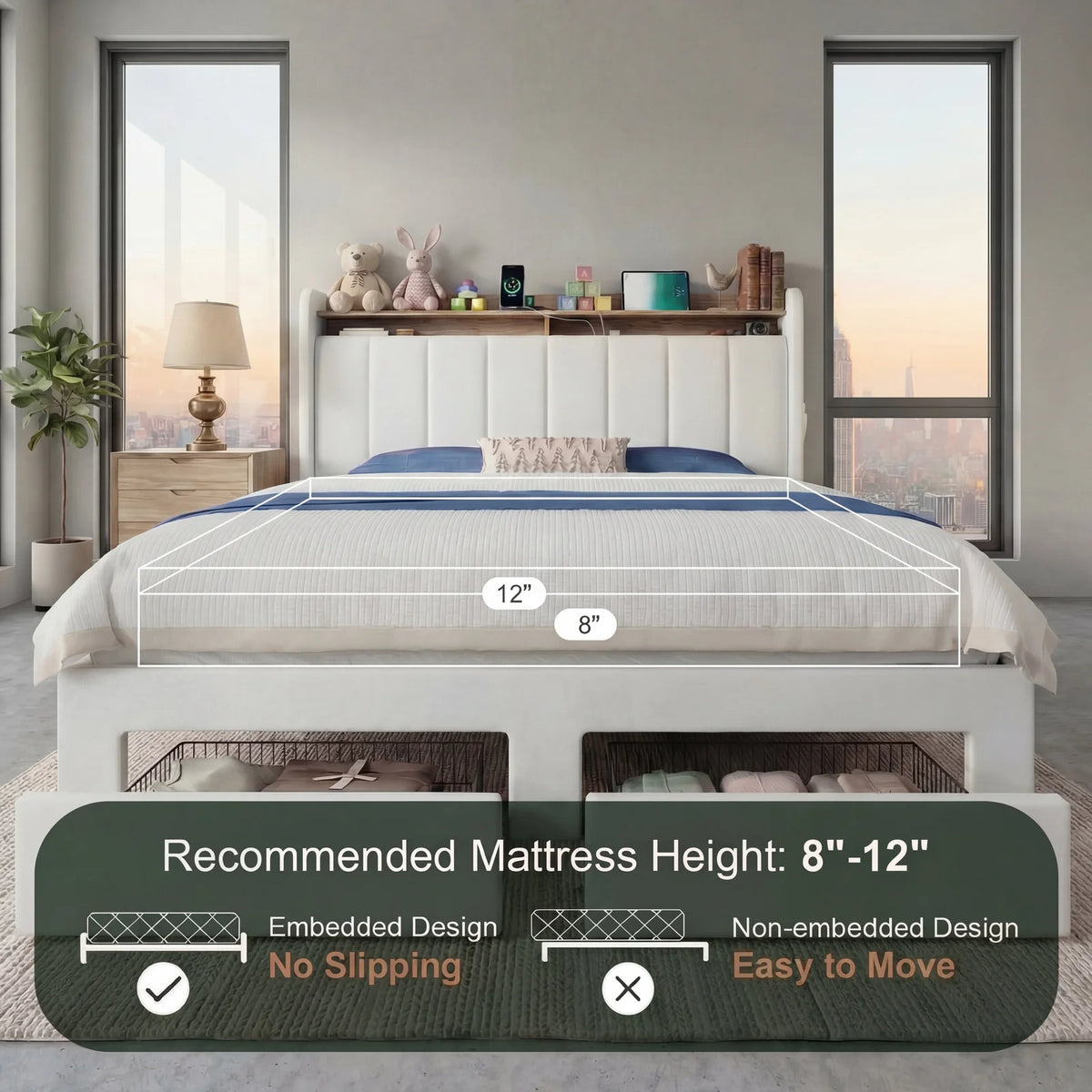HOOMIC Bed Frame, 2 Storage Drawers/2-Tier Shelves with LED Lights & Charging Station, No Box Spring Needed, Full/Queen/King