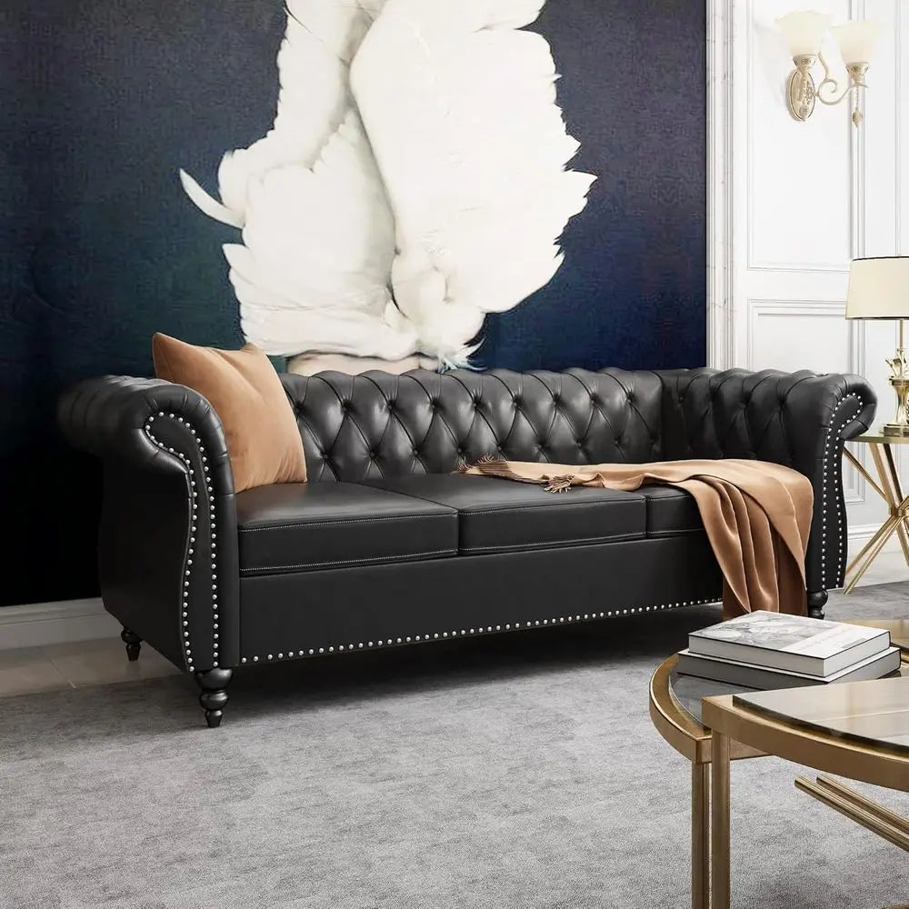 84" Chesterfield Sofa 3-Seater, Classic Roll Arm PU Leather Couch with Button Tufted Back, Stain Resistant