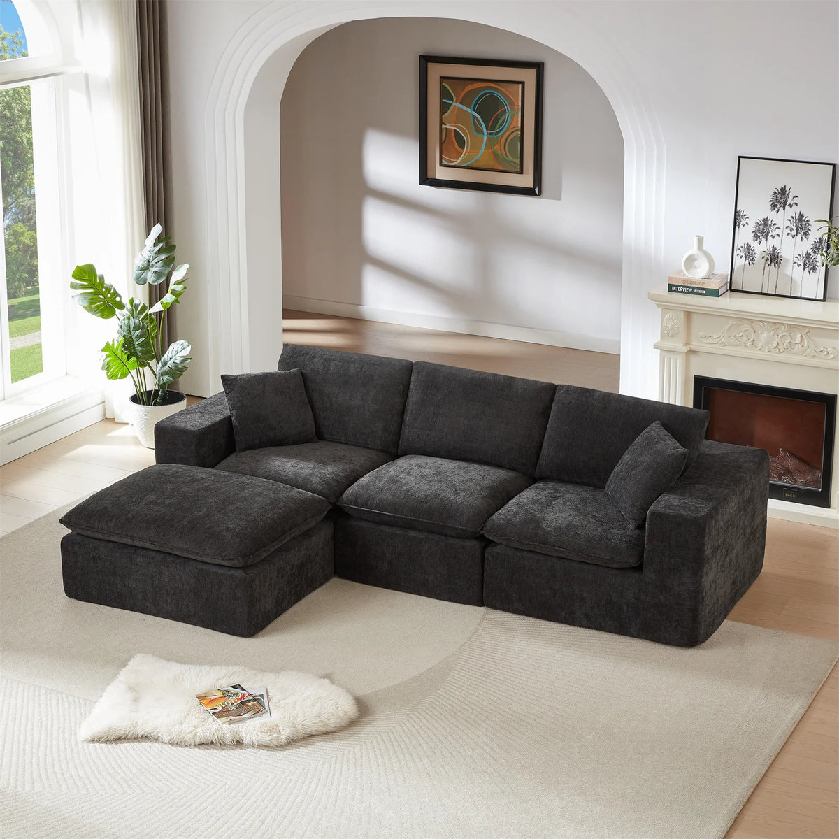108" L Shaped Sectional Sofa Modular Sofa Couch Deep Seat with Movable Ottoman 4 Seater Chenille Sofa for Living Room,Apartment