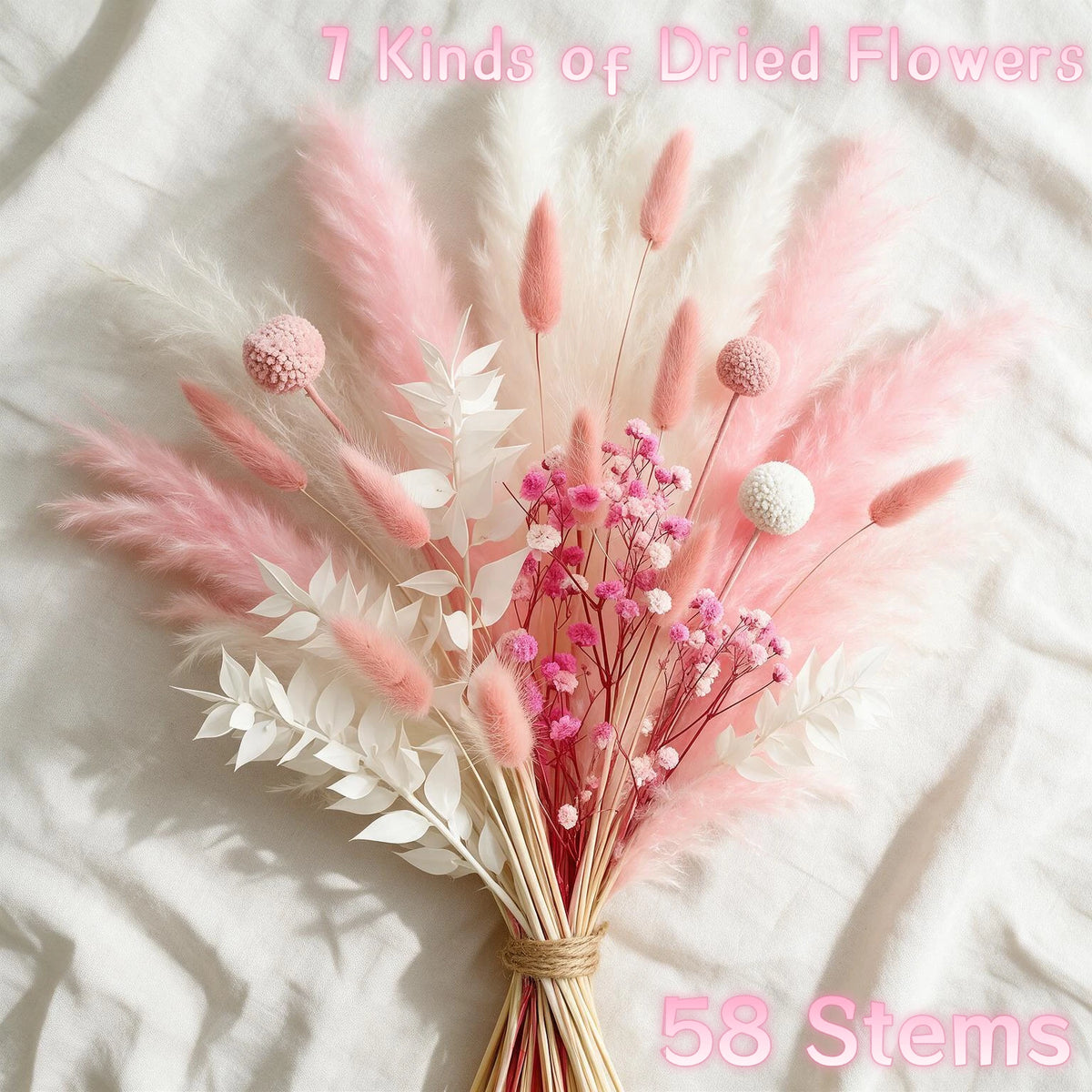 58PCS Pink Pampas Grass Bouquet 17.5in Mixed Dried Flowers Bunny Tails Eucalyptus Baby's Breath Craspedia Reed Grass Soft Pink Boho Wedding Home Decor Farmhouse Table Centerpiece Vase Filler Long Lasting Gift Vase Not Include