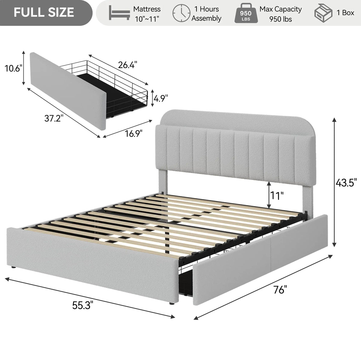 Full Size Boucle Upholstered Platform Bed Frame with Storage Headboard & 2 Drawers, Gray Bed Frame, No Box Spring Needed, Noise Free, Easy Assembly