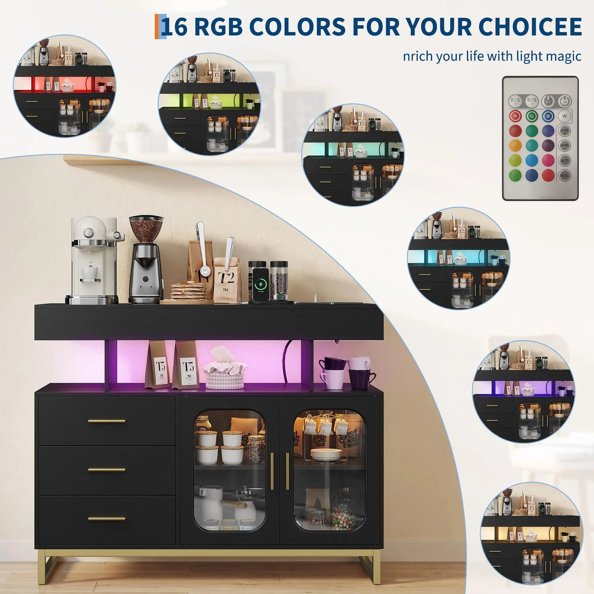 40 Inch Sideboard Buffet Cabinet With RGB LED Lights, Charging Station, 3 Drawers And 2 Doors, Coffee Bar Storage For Kitchen Living Room