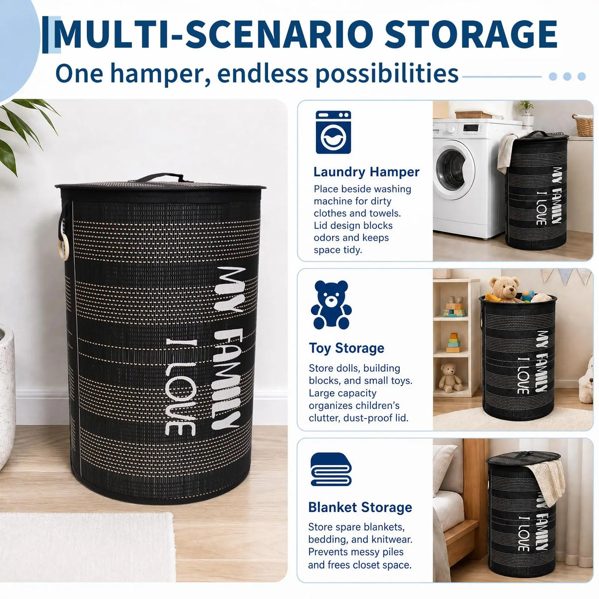 Laundry Hamper With Lid 22 Gallon 100L Foldable Laundry Basket Reinforced Handles Unique Modern Design Fabric Edging For Bedroom Bathroom Laundry Room