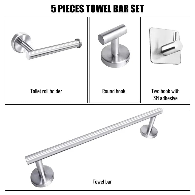 1Set Stainless Steel Wall Hook Multifunctional Towel Hook Toilet Paper Holder Towel Bar Bathroom Accessories