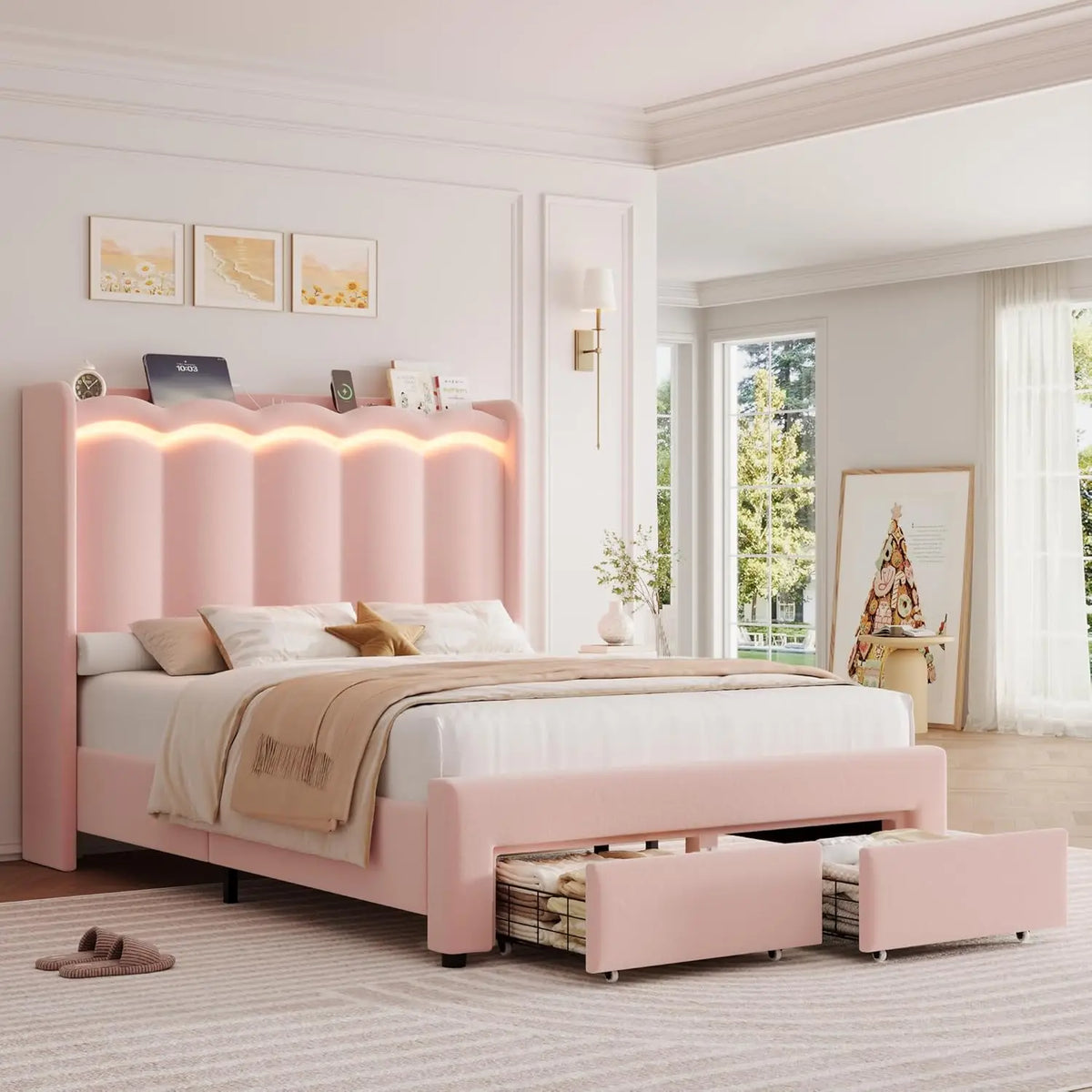 Full LED Bed Frame with USB Charging & 2 Drawers, Velvet Wingback Headboard, No Box Spring, Customized