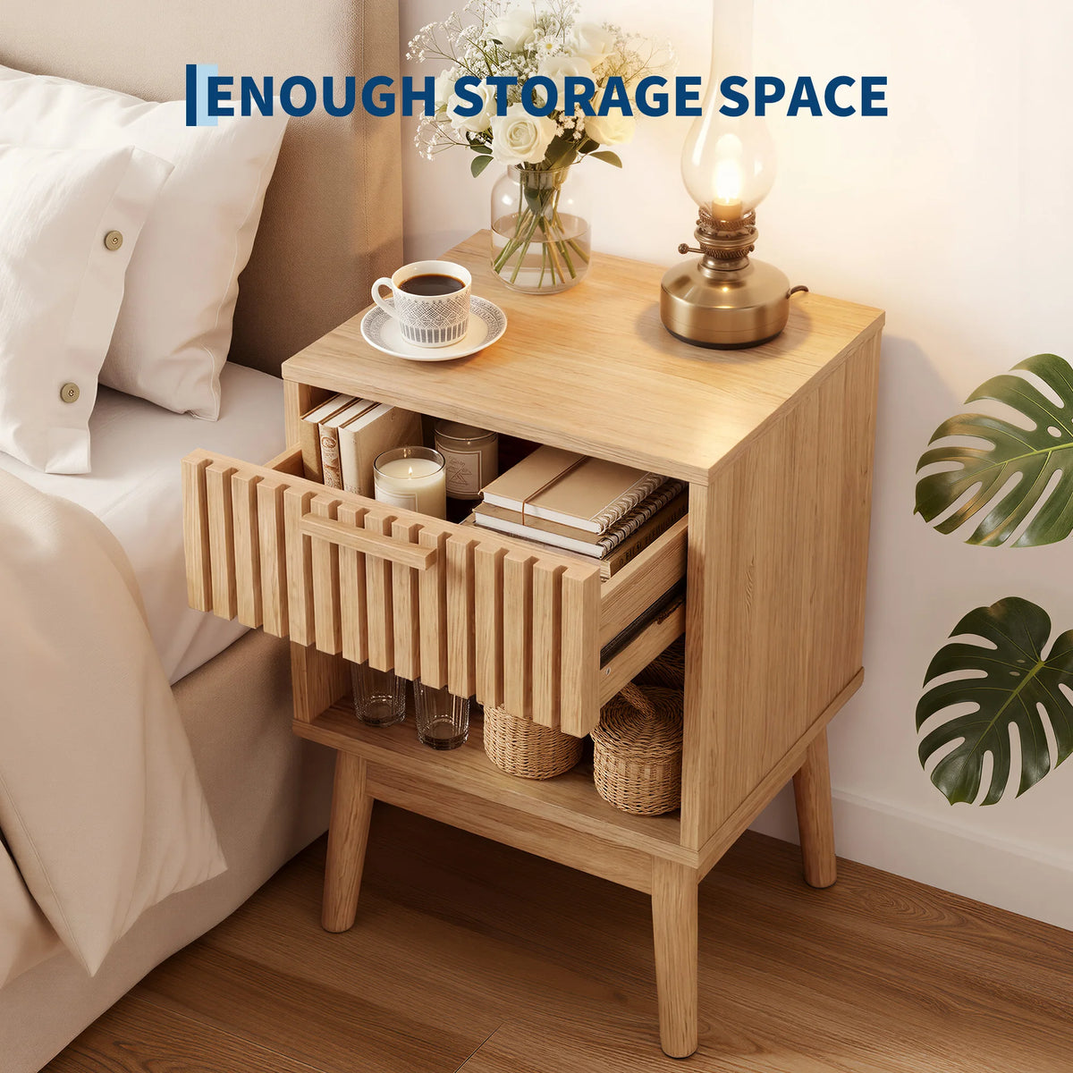 Nightstand, Small Side Table with Drawer and Open Shelf, Bedside End Table with Wood Strip Decorated Drawer for Bedroom, Dorm, Living Room and Small Spaces