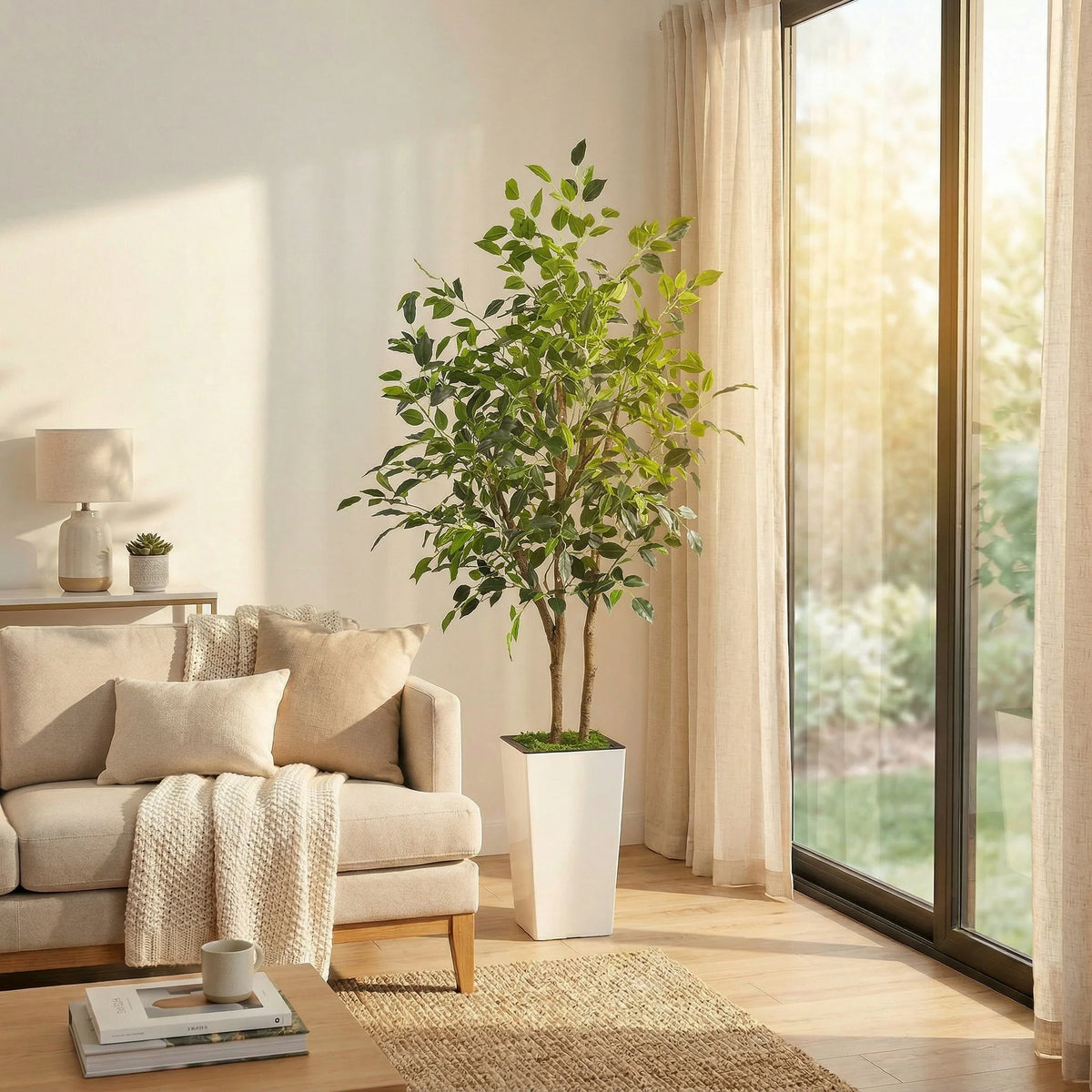 Realistic Artificial Green Plant In Tall White Pot With Textile Foliage And Distinctive Trunk Easy Care Indoor Decoration For Living Room Office Entryway