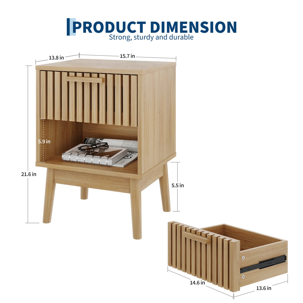 Nightstand, Small Side Table with Drawer and Open Shelf, Bedside End Table with Wood Strip Decorated Drawer for Bedroom, Dorm, Living Room and Small Spaces