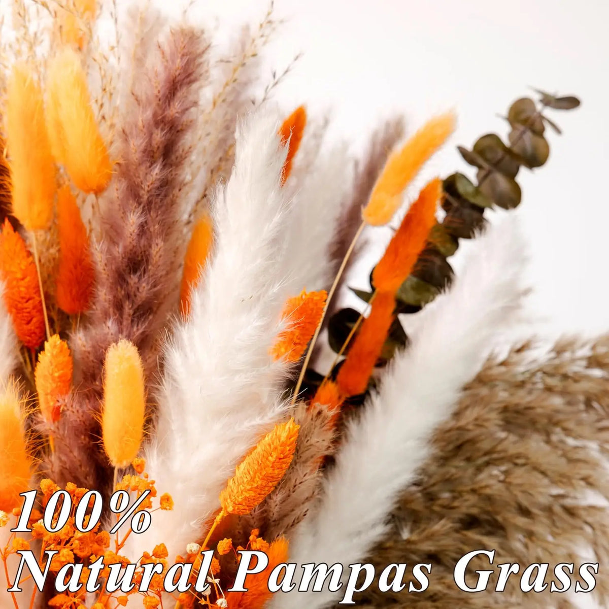90PCS Pampas Grass Bouquet 17.5in Mixed Dried Flowers Natural Broomcorn Bunny Tails Red Eucalyptus White Pampas Orange Babys Breath Gem Grass Boho Fall Home Decor Wedding Centerpiece Table Arrangement Vase Filler Farmhouse Bo