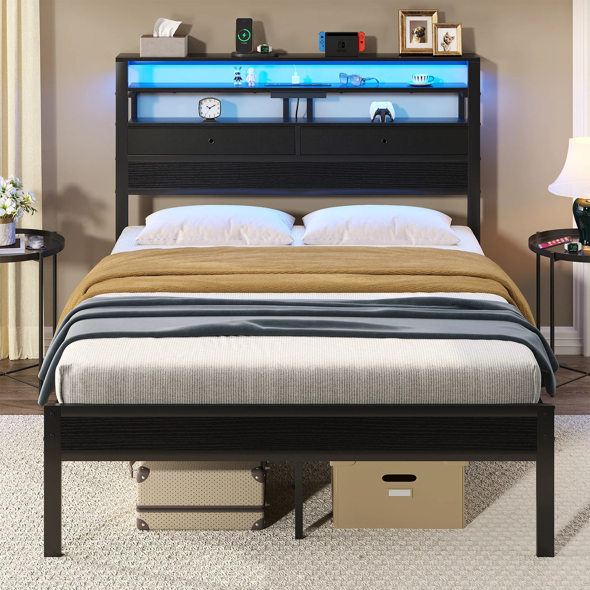 Basic Bed Frame Metal Platform with Storage LED Charging Station Headboard Sturdy Steel Slat Support All Size Bedroom Bed For Home