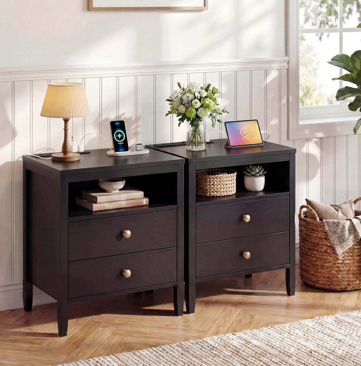 Farmhouse Nightstand Set Of 2 With Charging Station