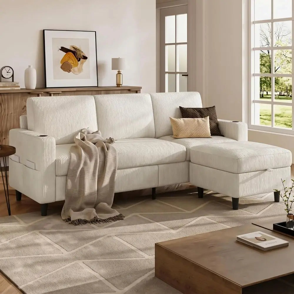 Convertible Sectional Couches or Living Room, 3 Seats L Shaped Sofa with Storage Ottoman & 2 Cup Holders, Corduroy Couch