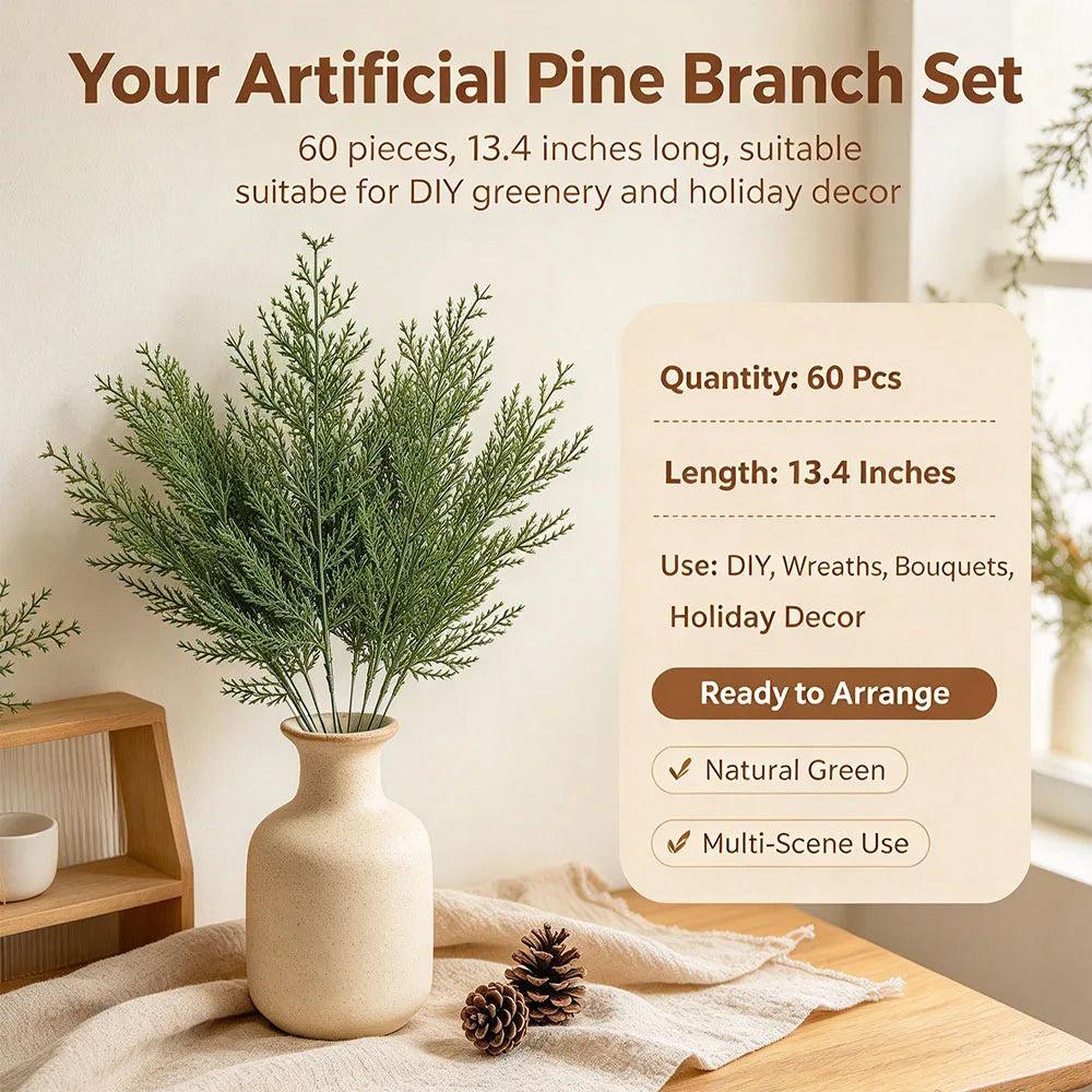 60Pcs Artificial Pine Needles Branches Faux Cedar Stems Fake Greenery for Christmas Tree Wreath Garland Making DIY Crafts Holiday Winter Decor Home Wedding Centerpiece Farmhouse Indoor Outdoor