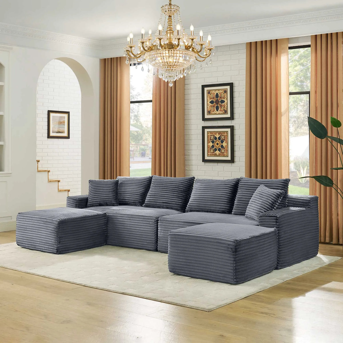 115" Comfy U-Shaped Sectional Couch, Modern Corduroy Sofa with Chaise and Ottoman, No-Tool Assembly Free Modular Cloud Sofa for Living Room Apartment, Green