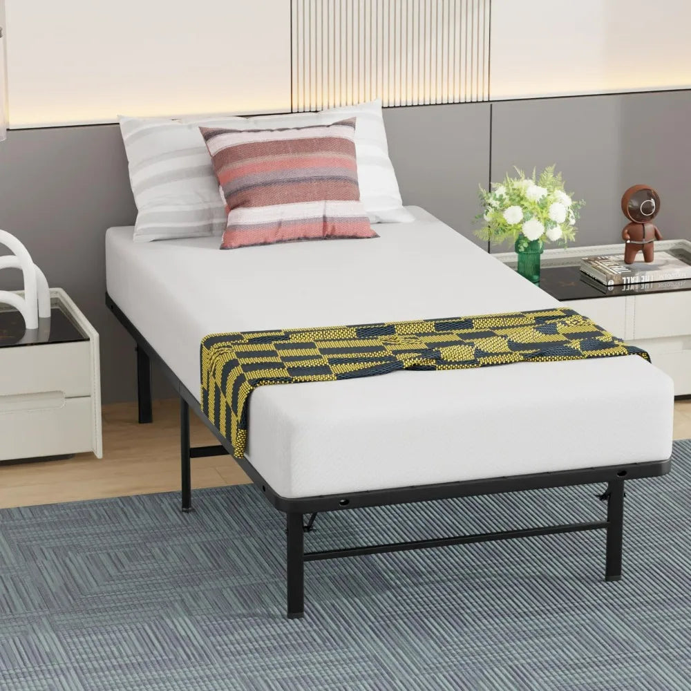 Twin Metal Foldable Bed Frame Heavy Duty Steel Slats 6 Legs No Box Spring Easy Assembly Under-Bed Storage For Home