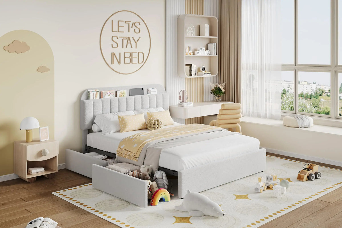 Full Size Boucle Upholstered Platform Bed Frame with Storage Headboard & 2 Drawers, Gray Bed Frame, No Box Spring Needed, Noise Free, Easy Assembly