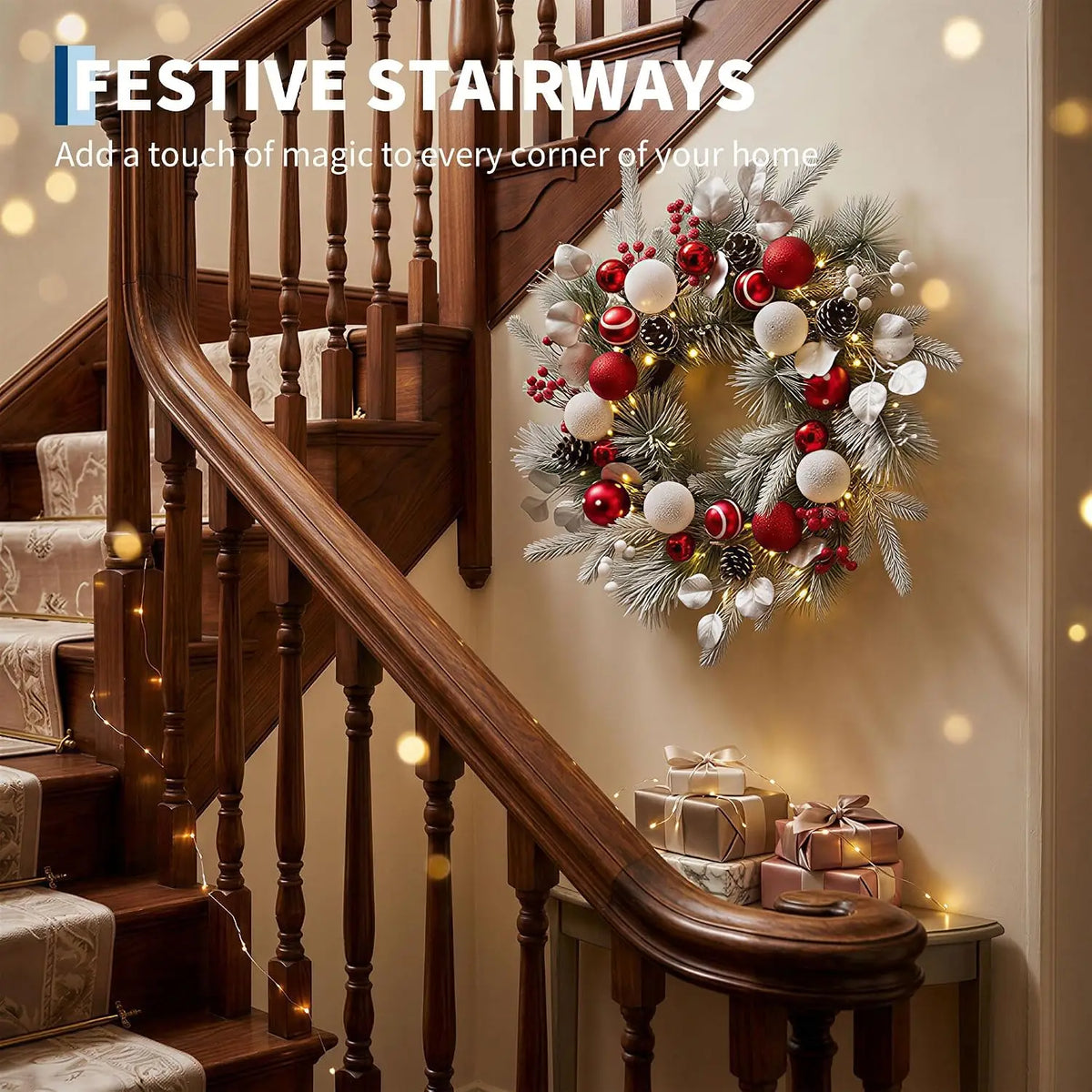 24inch Christmas Wreath Velvet Ball 20 Heads 8-Function Lights Timer LED PVC Simulated Retro Style Home Decoration, Suitable for: Front Door, Window Wall Decor Wreath Velvet Ball 20 Heads 8-Function Lights Timer LED PVC
