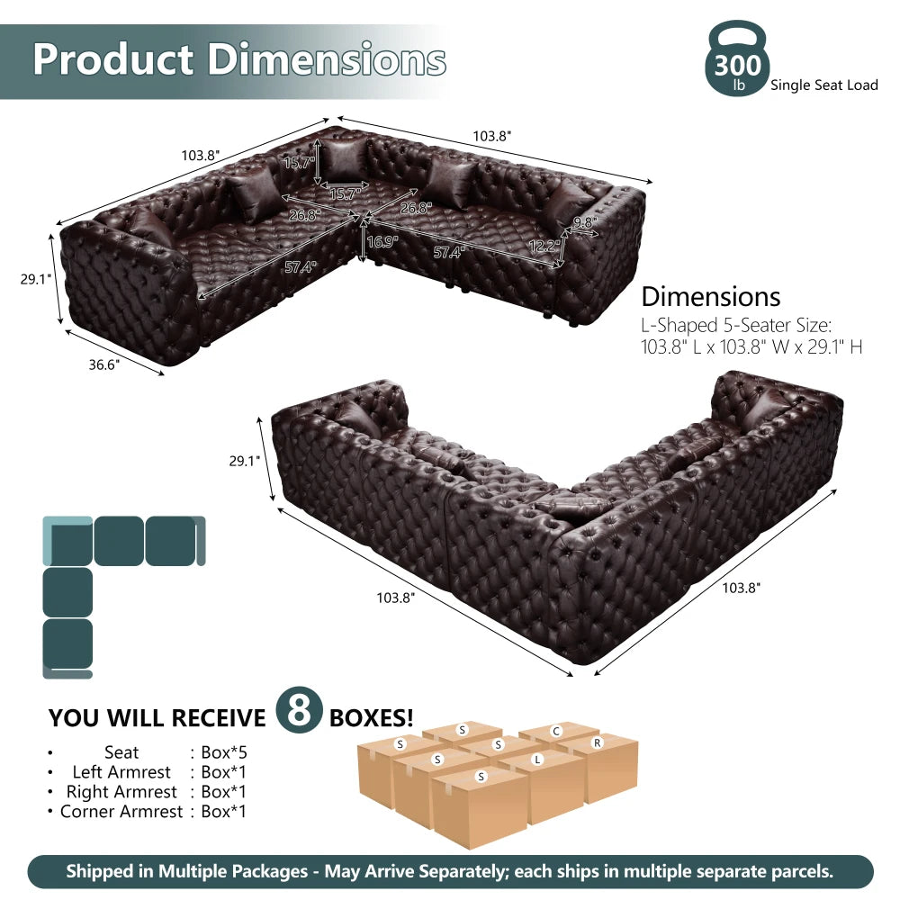 132.5" L Shaped Modern Sofa Set, Faux Leather Upholstered Modular 5-Seater Sectional Couch with Pure Handmade Button Tufted Design, 5 Pillows, Multi Combination for Living Room, Dark Brown