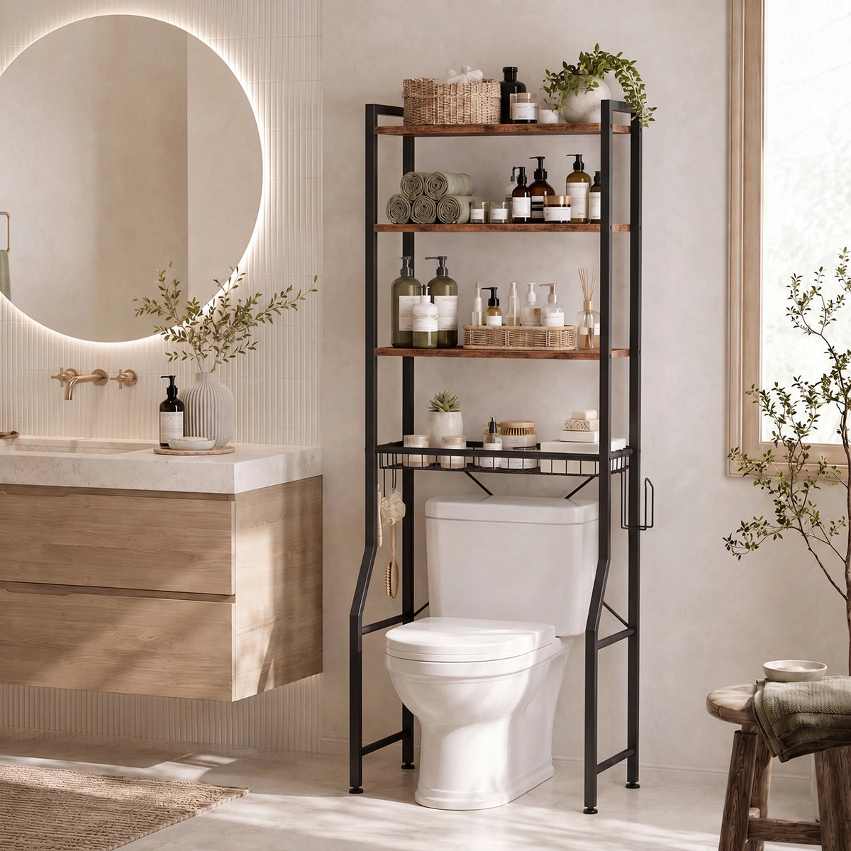 4-Tier Freestanding Bathroom Organizer Shelf Over Toilets with Adjustable Storage Rack Shelf and Basket Space Saver Above Toilet Storage Cabinet with 3 Hooks for Rooms