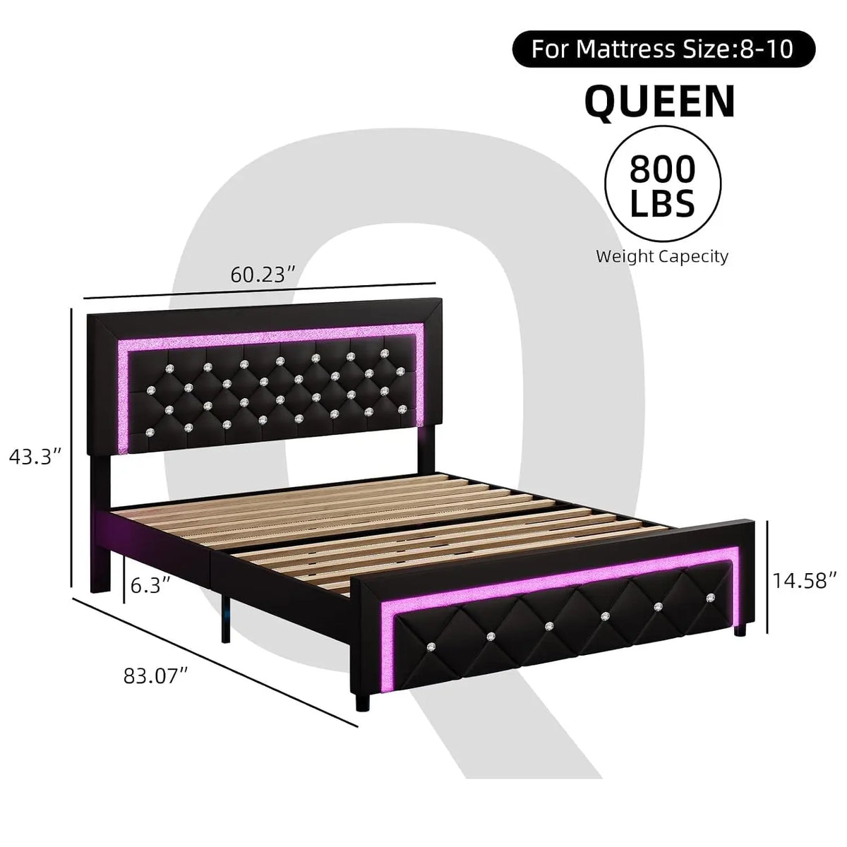Queen Bed Frame LED Diamond Tufted Headboard Black, Customized