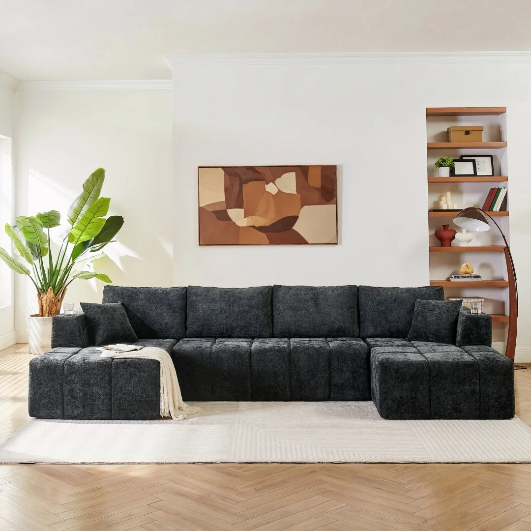 132" U-Shaped Chenille Sectional Sofa, Cloud Couch Sleeper Bed with Dual Lounges, Modern Living Room Furniture with Cup Holders, No Assembly, Black