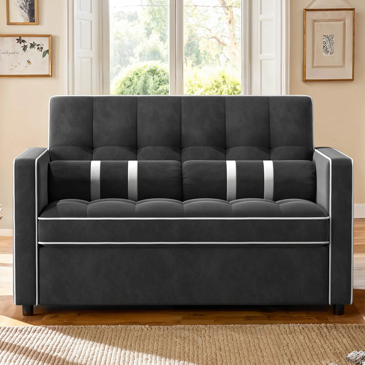 3 in 1 Sleeper Sofa Bed, Pull Out Couch with USB & Type-C Ports, Deep Seat Convertible Loveseat Sofa, Adjustable Backrest, Dual Side Pockets, Velvet Futon Couch for Living Room, Apartment
