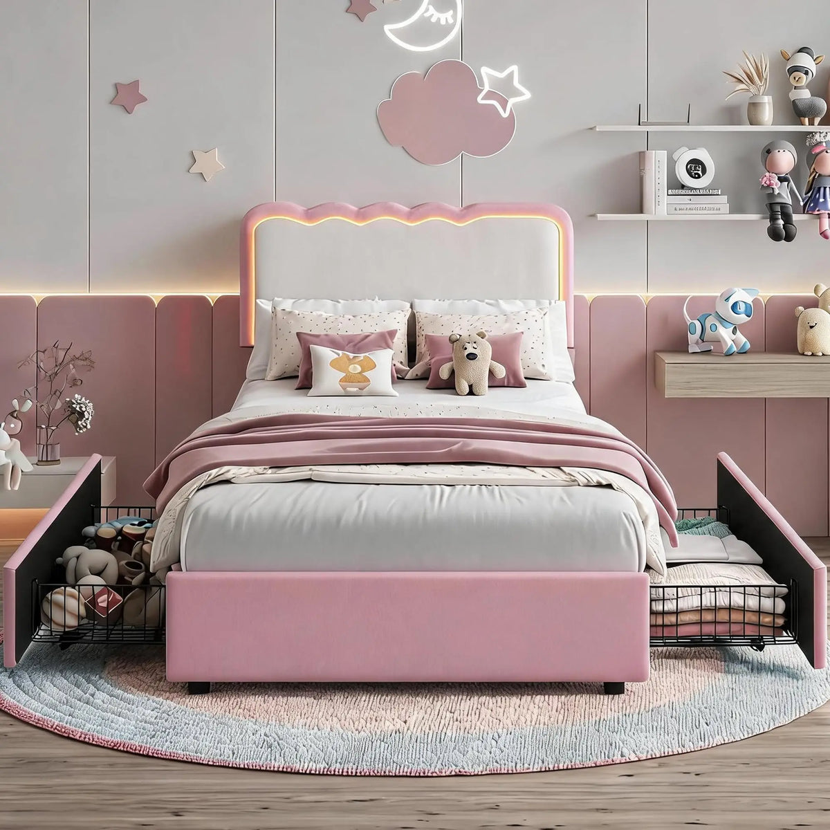GarveeLife Modern Princess Upholstered Platform Bed Frame with LED Lights – 2 Storage Drawers, Double Wave Velvet Headboard, Sturdy Metal & Wood Support, No Box Spring Needed, Easy Assembly – Ideal for Kids, Teens, Girls