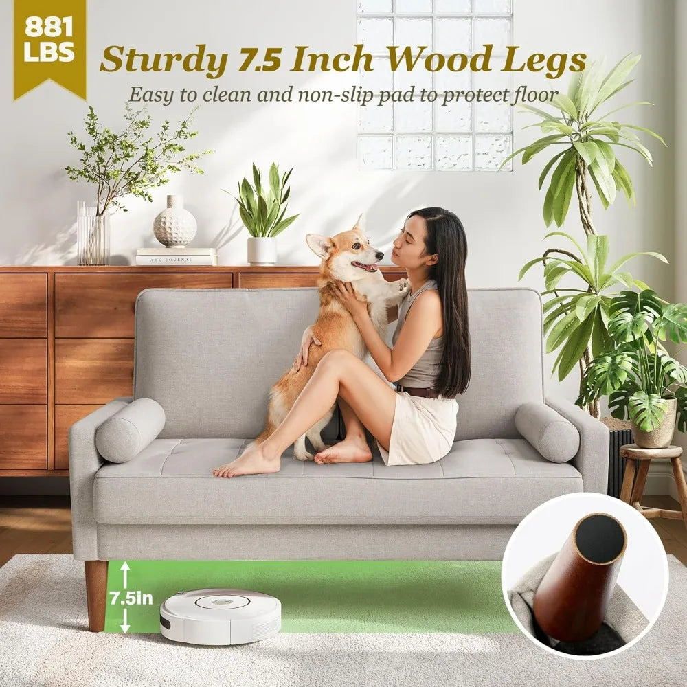 48 Inch Loveseat Sofa - Solid Wood Legs Mid Century Modern Easy Assembly Couch Throw Pillow for Apartment