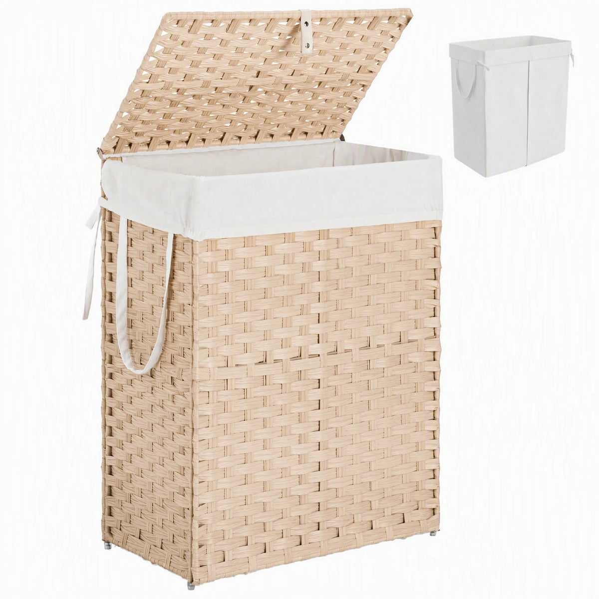 90L Laundry Basket with Lid Foldable Wicker Laundry Hampers with Side Handles Removable Liner Rattan Laundry Basket with Sturdy Steel Frame