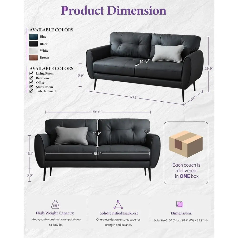 Sofa Couch 61" Small Loveseat Couches or Living Room, Black aux Leather Couch Century ern Tufted Mini Sofa
