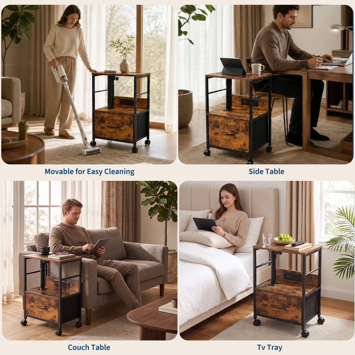 Rolling Bedside Table With 360 Degree Swivel Top And Charging Station Adjustable Height Nightstand With Storage Drawer And Wheels Brown Gray Black For Bedroom Living Room