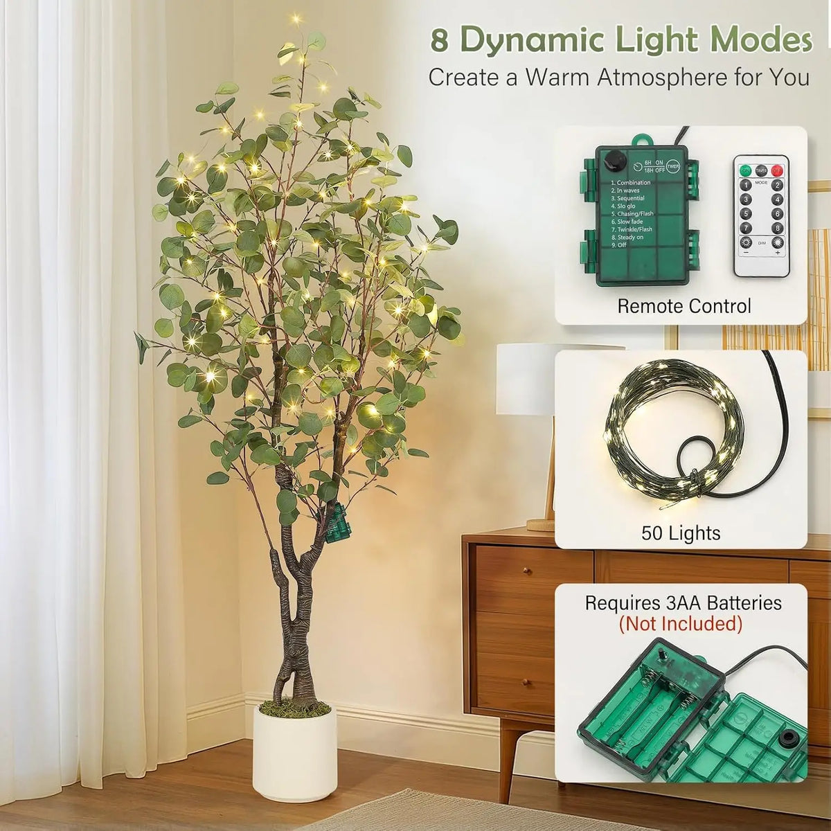 Artificial Eucalyptus Tree w/ 50 LED Lights, Pre-Potted Faux Floor Plant, Realistic Silk Multi-Stem Greenery in White Planter for Home & Office Decor Christmas Party Supplies