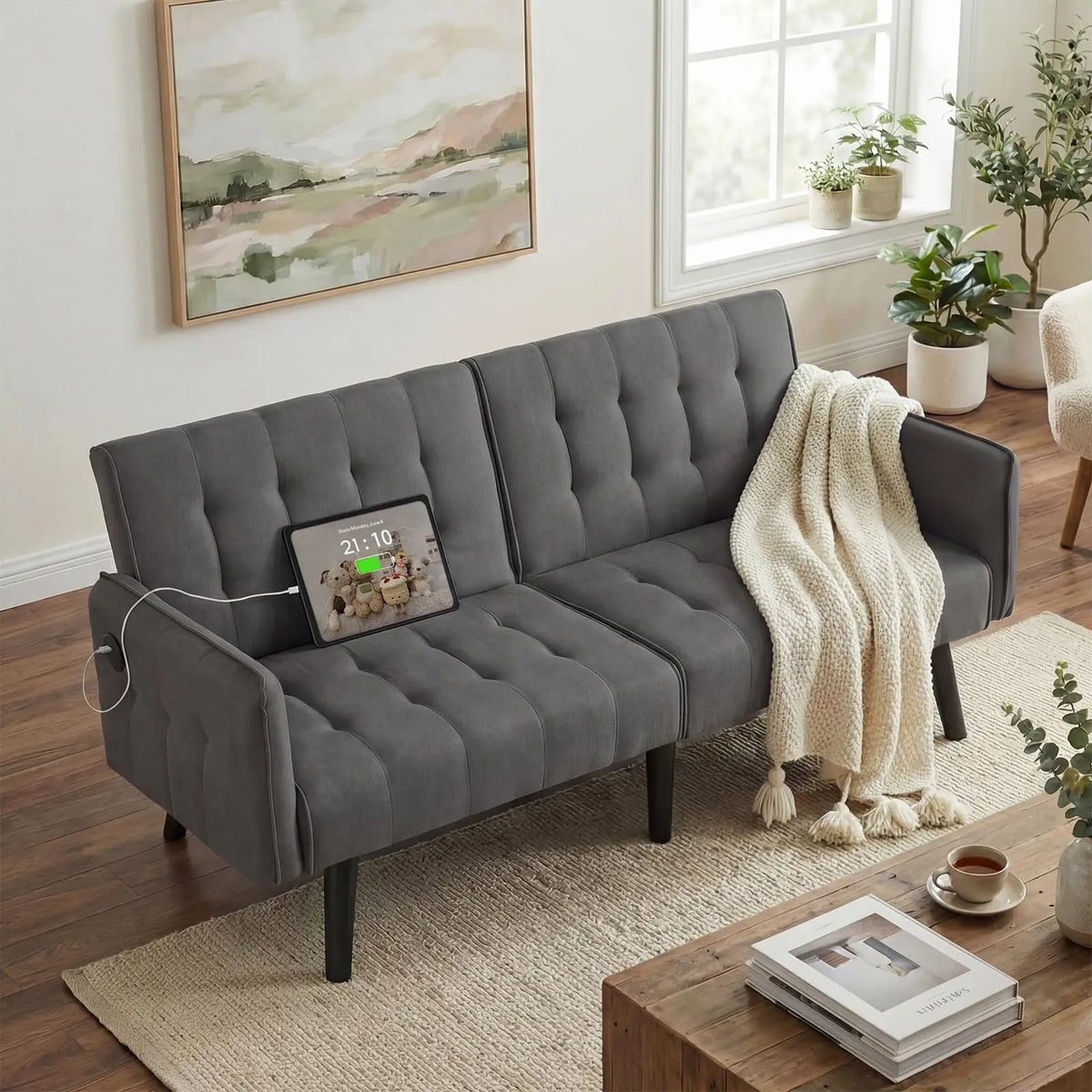 65" Brown Faux Leather Futon Sofa Bed Convertible Sleeper Loveseat 2 USB Ports Tufted Adjustable Folding Couch Space