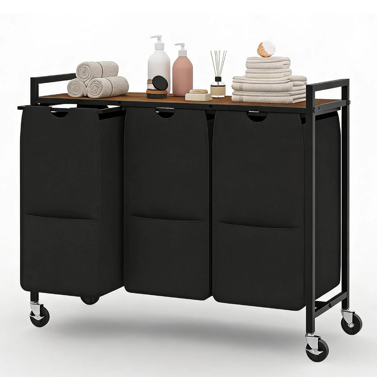 Laundry Sorter 3 Section, Laundry Hamper with Wheels, 120L Laundry Basket with Shelf, Removable Bags, Pockets, for Laundry Room, Bathroom & Bedroom