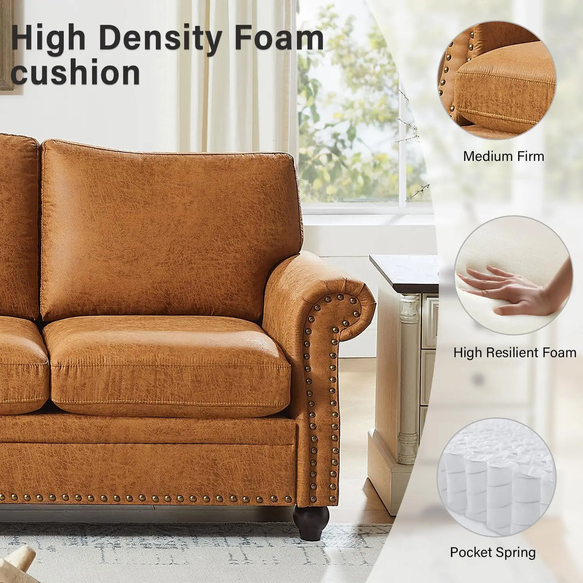 Faux Leather Couch for Living Room, Mid Century Modern Leather Sofa with Rolled Arm, Classic 3 Seat Brown Couches with Nailheads Trim, Big Comfy Couch with Deep Seat