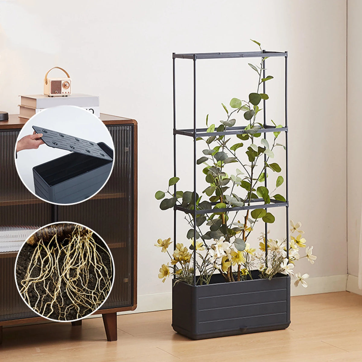 Raised Garden Bed Planter Box with Trellis Self-Watering Plant Support Planter for Climbing Vegetables Plants Outdoor Patio