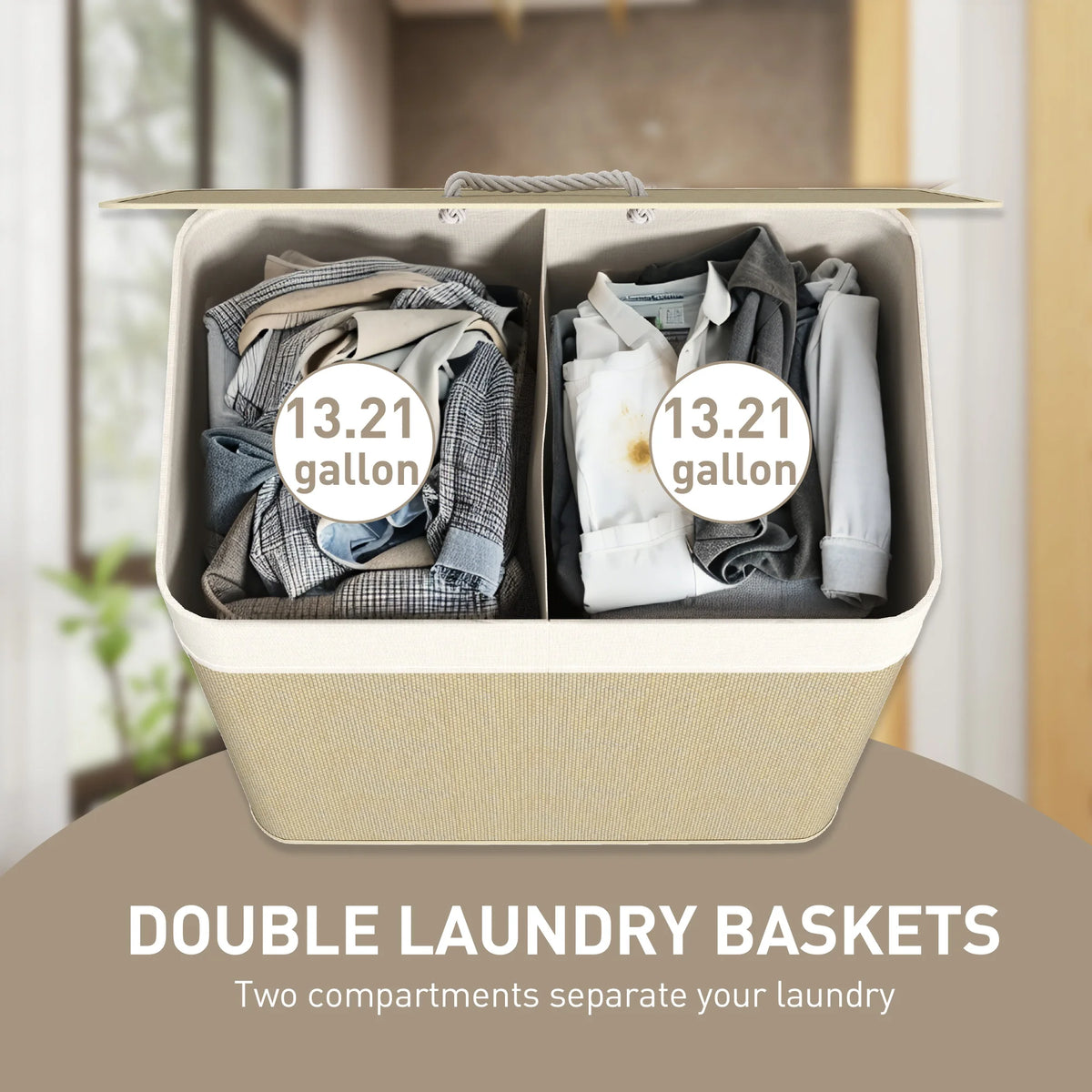 Double Laundry Basket with Lid, 26.4 Gallon Bamboo Laundry Hamper with Rope Handles, Clothes Hamper with Removable Liner for Bathroom, Bedroom, Natural