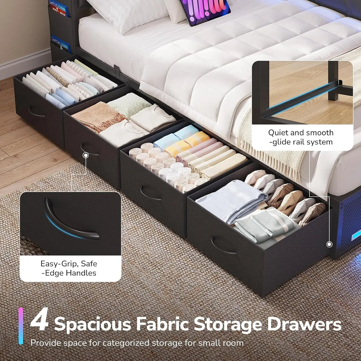 Queen Corner Bed Frame with 4 Storage Drawers,Open Shelves,Charging Station Gaming Bed with LED Lights,Esports-Style Queen