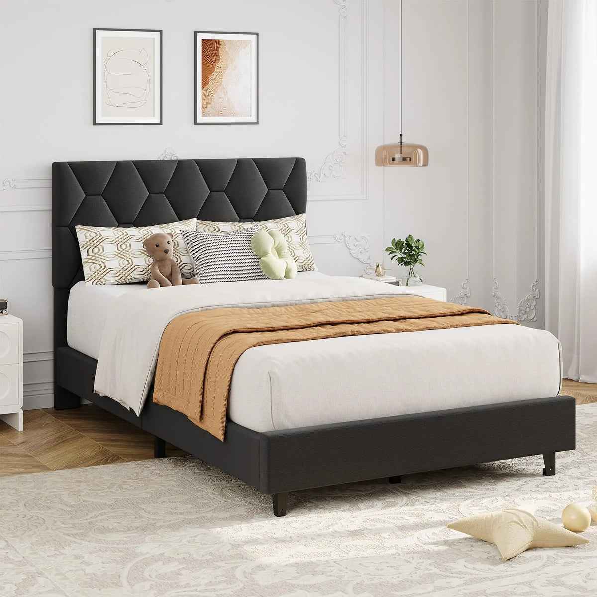 Twin XL Bed Frame Upholstered Platform Mattress Foundation Adjustable Headboard Quiet Heavy Duty No Box Spring Required