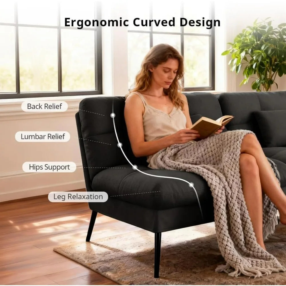 72 Inch Futon Sofa Bed - Fabric Convertible Couch Adjustable Backrest Folding Sleeper Recliner for Living Room Black