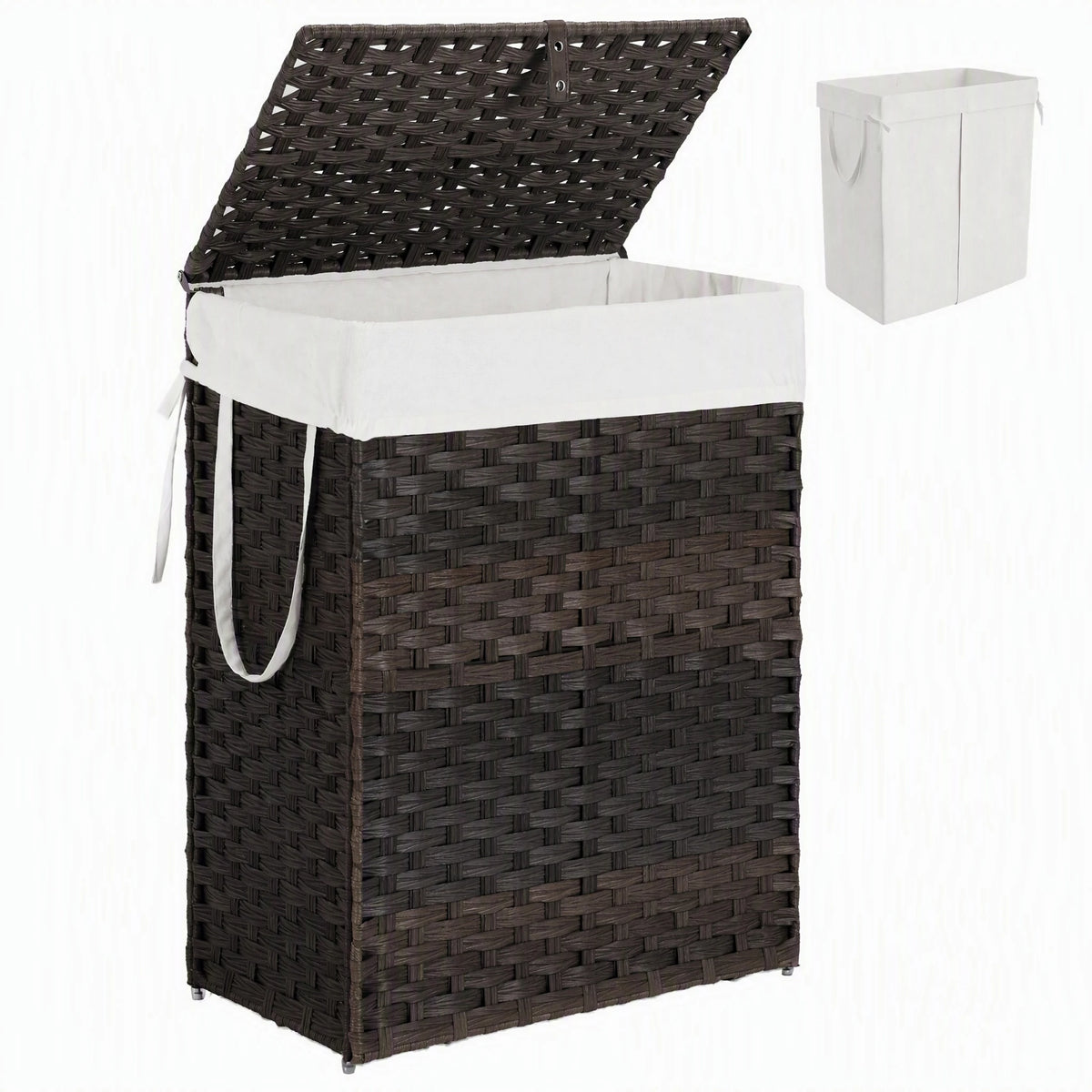 90L Laundry Basket with Lid Foldable Wicker Laundry Hampers with Side Handles Removable Liner Rattan Laundry Basket with Sturdy Steel Frame