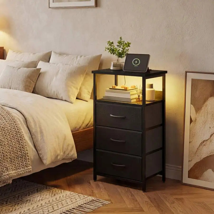 Tomnk Bedside Table With Charging Station, LED Nightstand With USB Ports And Outlets, 3 Fabric Storage Drawers With PU Finish, Bed Side Table For Bedroom, Living Room, White/Black