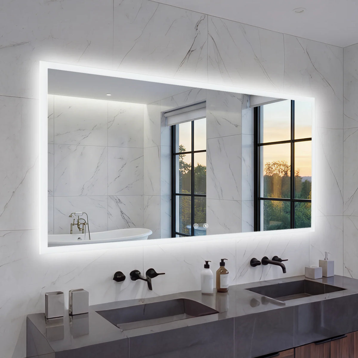 100/120CM Rectangular LED Bathroom Mirror Frameless Wall Vanity Mirror Smart Memory Function Touch Antifog 3 Colors Temperature